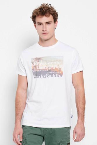 Funky Buddha ανδρικό βαμβακερό T-shirt μονόχρωμο με photographic print μπροστά - FBM007-067-04 Λευκό